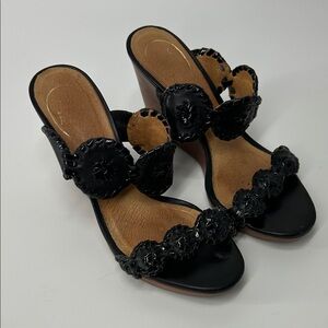 Jack Rogers Black Leather Wedge Sandals with Scalloped Accents
